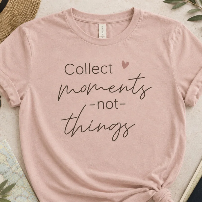 Flat-lay of a dusty pink tee printed “Collect moments, not things” in script lettering with a small heart