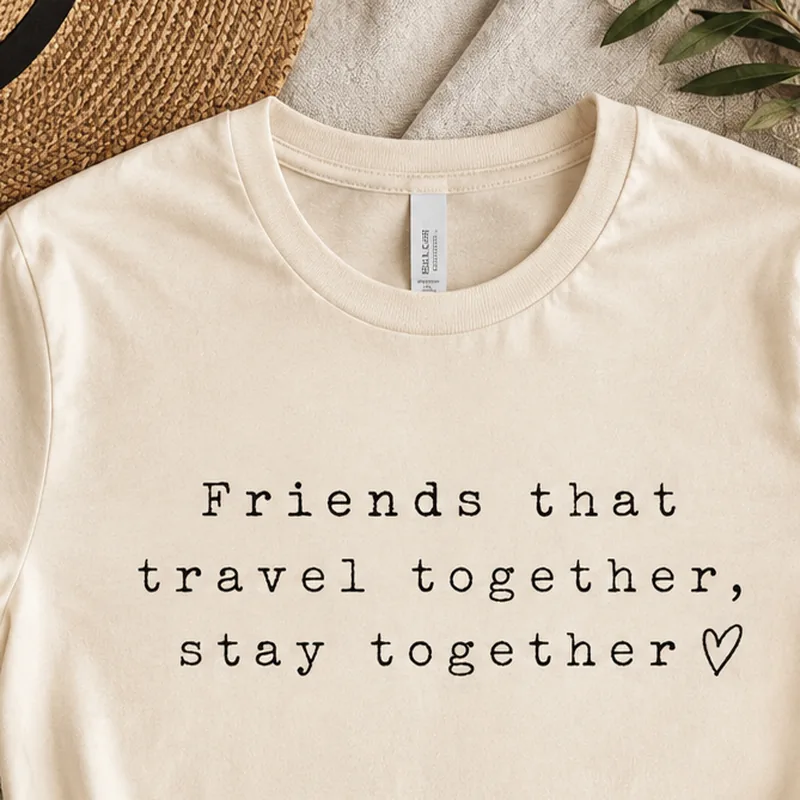 Flat-lay of a cream tee printed “Friends that travel together, stay together ♡” in typewriter lettering